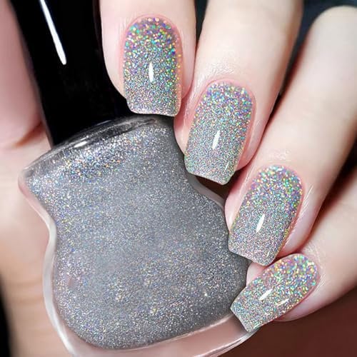 Holographic Nail Polish, Quick Dry nail polish Silver Nail Varnish, Glitter nail polish Long Lasting Wine Red Cherry Red Nail No Need UV Nail Paint for DIY Salon Manicure at Home (35#)