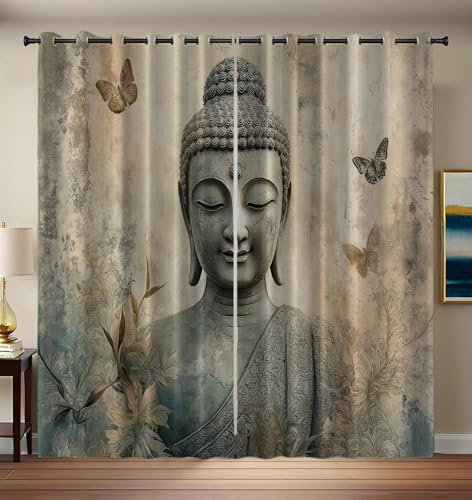 Schmetterlingsstein Buddha Vorhänge Orientalische Pflanzen Ösen Gardinen Mit Blickdichte Thermo Vorhang Kälteschutz Curtain Kinderzimmer Schlafzimmer Verdunkelung Fenster, 2 Stück, H200Xb161