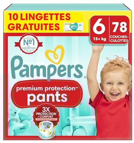 Pampers Premium Protection Pants Größe 6, 78 Windeln, 13kg-19kg, Mit 360° Passform, 2x breiteren Bündchen als vorher für Komfort & Schutz + 10 Stück Pampers Aqua Baby-Feuchttücher enthalten