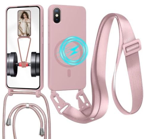 GoodcAcy Handykette Hülle für iPhone XS Max(6.5) mit Band Halsband Lanyard (abnehmbar) Handyhülle, Kordel zum Umhängen,Magnetisch Stoßfest Silikonhülle Wireless Charging kompatibel,Sandrosa