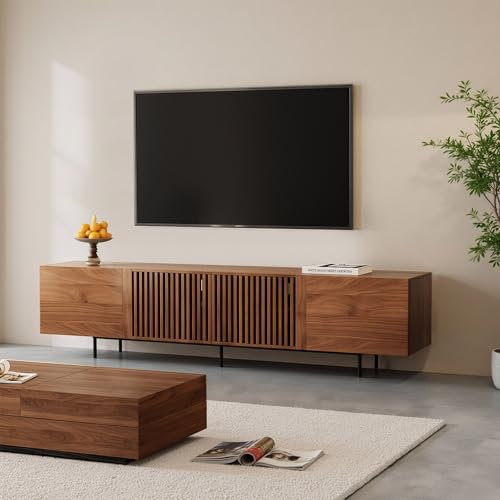 Large TV Stand 240cm Wide, Modern Walnut Media Unit with Slatted Doors & Cable Management, Entertainment Centre for up to 75 inch TVs
