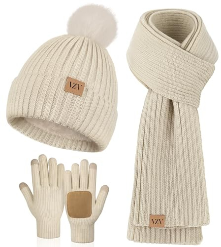 VZV Damen Winter Beanie Mütze Schal Handschuhe Set Fleece Gefütterte Strick Pompon Mütze Warm Halstuch Touchscreen Handschuhe Geschenk Für Frauen (Haferfarben, Einheitsgröße)