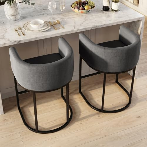 KRAMZMING Barhocker 2er Set, 62 cm Leinen, Schwarz | Thekenhöhe, Leinenbezug, Metallbeine mit Fußstütze, für Küche und Esszimmer