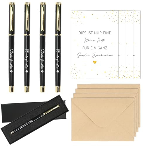 MorLuks 4 Sets Dankeschön Geschenke, Schwarz Kugelschreiber mit Gravur + Dankeskarten + Geschenkbox, Danke für Alles, Mutmacher Geschenk für Freunde Kollegen Lehrer Mitarbeiter Team