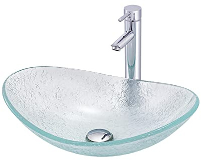 Lavandino del Bagno in Vetro Trasparente, Lavabo Ovale, Installazione da Appoggio, Lavandini per Mobile Bagno con Rubinetto in Ottone Cromato, Scarico A Scompar