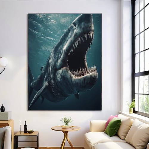 ALTCIRNMD Print Malerei Dunkelblau Uralter Megalodon Bilder Meereslebewesen Leinwand Dekoration Wandkunst Drucken Modulare Leinwand Poster Nachttisch Home Decor Hintergrund 30x40cm Rahmenlos