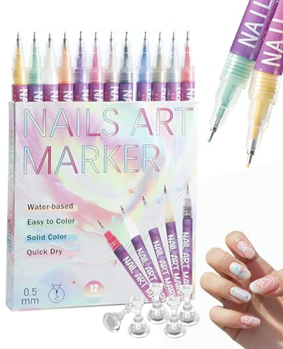 Bettinay 12 Colors Nail Art Pens Set, Quick Dry Gel Nail Varnish Pens for Graffiti, Dotting, Liner Painting, DIY Nails Art Tool