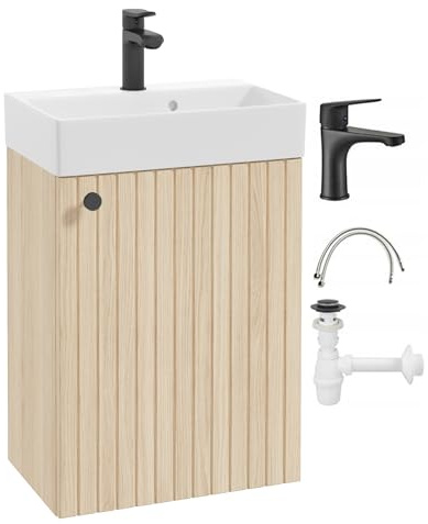 DomoDomo – Lavabo con armario de 50 x 70 cm colgante – Moderno juego de muebles de baño con lavabo – Mueble de baño pequeño para inodoro de invitados – Lavabo con armario bajo y grifo