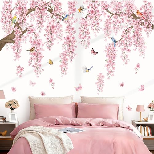wondever Pink Flowers Tree Branch Wall Decals Cherry Blossom Wall Stickers | Peel and Stick, Removable, Wall Art Decals, Wall Decoration, Living Room Bedroom, Office Sofa TV Home Wall Decor