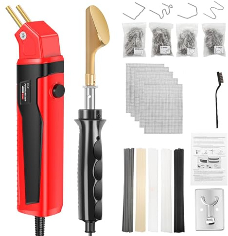 RASTKY Kit di Saldatura per Plastica, Strumento di Riparazione Paraurti 5 in 1 con Design a Perno Brevettato, Saldatrice con Cucitrice a Caldo per Paraurti Auto, (rosso)