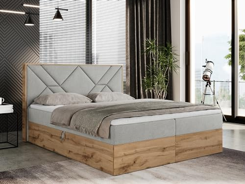 MKS MEBLE Boxspringbett 140x200 cm mit Kopfteil und Bettkasten, Polsterbett mit Hart (H4) Matratze und Topper Visco, Boxspringbett mit Massivholz und Kopfstütze - Gunar - Hellgrau Struktur