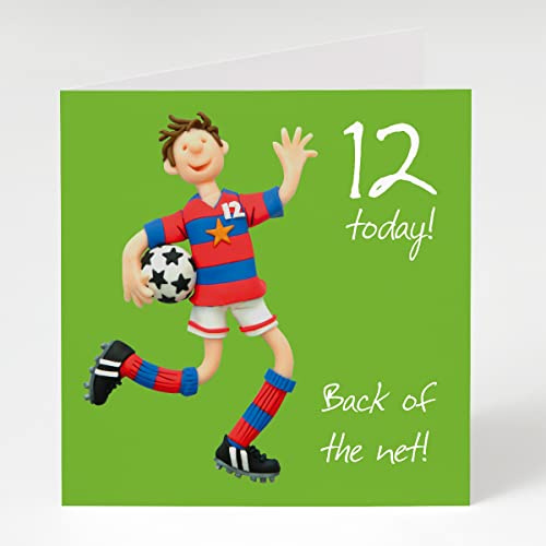 Holy Mackerel football themed 12th birthday card for a boy - designed by artist Erica Sturla - 15cm square and blank inside for your message - made in the UK