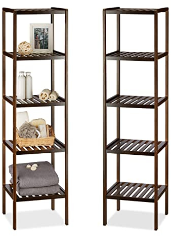 Relaxdays 2 x Bambus Badregal mit 5 Ablageflächen, HxBxT: 139,5 x 34,5 x 33 cm, hohes Standregal, Holzregal, Dunkelbraun