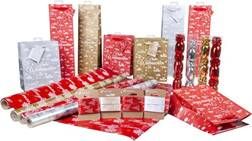 HEKU 52-tlg. Geschenkeverpackungsset 'Merry X-Mas' I Geschenkpapier, Flaschentaschen, Geschenktaschen, Geschenkbändern, Eiknäuel und Minischleifen I Hochwertiges, stilvoll für alle Anlässe