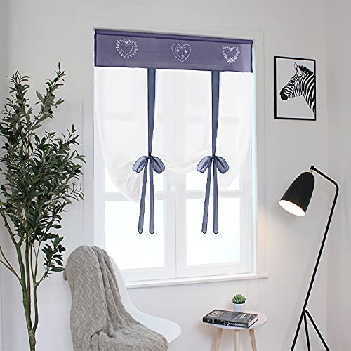 SIMPVALE 1 Piece Tie up Voile Curtain - Embroidery Roman Blind Shade - Sheer Curtains Tulle Panels Window Cover for Bedroom, Study, Bathroom, Kitchen (Blue, Width 80cm / Height 120cm)
