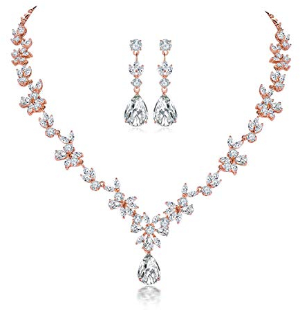 Shuxin Hochzeit Schmuckset für Damen, Rosegold-Ton Halskette & Ohrringe & Set, Weißgold Plattiert Blumen Braut Schmuck Set mit 5A Weiß Zirkonia, Allergenfrei Hochzeitsschmuck für Braut Brautjungfern