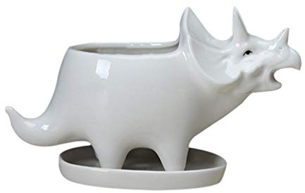 Yarnow Dinosaurier-Blumentopf, Keramik, Triceratops, Sukkulenten-Blumentöpfe, Tier-Blumentopf, Schreibtisch-Organizer, Dekor mit Loch und Tablett für Luftpflanzen, Kaktus (weiß)