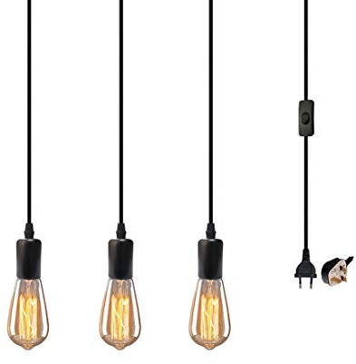 Set di lampade a sospensione Vintage DIY 3 Luce Portalampada E27 con interruttore Nero con attacco a spina per camera da letto, ristorante, bar, cucina