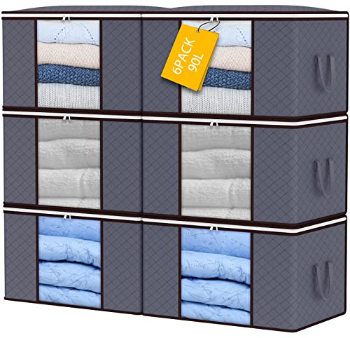 90L Storage Bags, 6Pack Large Capacity Clothes Storage Boxes with Lid and Zips, Foldable Clothes Packing Boxes with Reinforced Handle Breathable Thick Fabric for Comforters, Blankets, Bedding