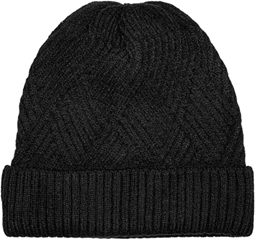 styleBREAKER Damen Strickmütze mit Rautenförmigem Rippmuster und breitem Umschlag, Feinstrick Mütze, Strick Beanie 04024192, Farbe:Schwarz