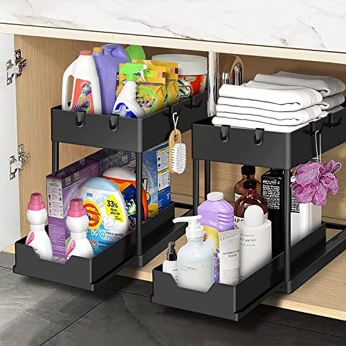 Bnimtm 2 Paquete Organizador Cocina, Estantería Bajo Fregadero, Estante Organizador Mueble Bajo Fregadero Cocina Lavabo(Sin Taza Colgante, Negro)