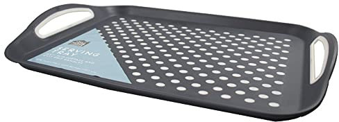 2x Jazooli Anti-Slip Plastic Serving Tea Food Drink TV Lap Dinner Rectangular Carry Tray Grip Rubber Surface with Easy Grip Handles - Size: 28.5cm x 40.5cm x 5cm (Grey)