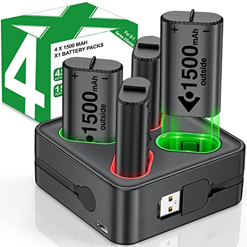DinoFire 4 Stück Akku für Xbox/Series X/Xbox One Controller, Akku Ladestation mit LED Anzeige, 1500mAh Wiederaufladbar Akku für Xbox Series X/S/Xbox One/Xbox One S/X/Elite Controller