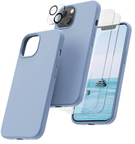 OIIAEE [5-in-1 for iPhone 13 Case 6.1,Liquid Silicone case with 2 Pack Screen Protector & 2 Pack Camera Protector, Ultra Slim Shockproof Soft Anti-Scratch Microfiber Lining—Sierra Blue