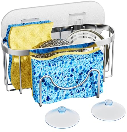 HapiRm 2 in 1 Spülbecken Organizer, Schwammhalter Küche Edelstahl,Schwammhalter Mit 2 Klebstoff,Schwammhalter Spülbecken für Spülenstopfen, Spülschwämme, Bürste, kein Bohren, Silber