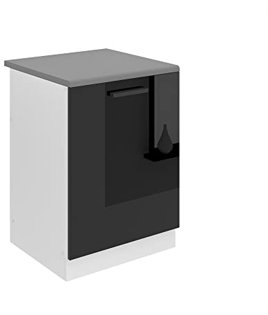Belini Unterschrank Küche, Spülenunterschrank 60 cm Breite. SDZ Küchenunterschrank mit Arbeitsplatte. Spülenschrank mit 1 Tür, Schwarz Hochglanz