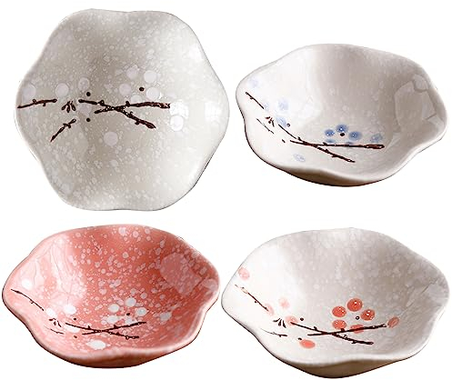 soulnioi Dip-Schüssel-Set, Keramik-Soßenschalen, japanischer Stil, Gewürzschale, Mini-Dessertschale, Sakura-Gewürzschale, Mehrzweck-Dip-Schüssel für Sushi, Soja, Snacks, Beilagen – 4 Stück/10,2 cm