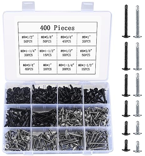 Juego de Tornillos Autoperforantes STK, Tornillos de Chapa de Acero Inoxidable, Set de Tornillos de Broca en Varios Tamaños, 4.2 mm x 13/16/19/25/32/38 mm(400 Piezas)