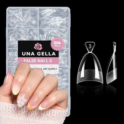 UNA GELLA Short Almond Gel Nail x Tips Half Cover 504PCS Extra Short Fake Nail Tips Almond Shape 12sizes Pre Etched Salon Quality Soft Acrylic Press On Nails for Home Nails Extension