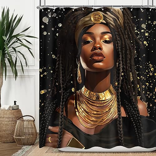Omifly Rideau de douche noir pour fille - 152,4 x 183 cm - Afro - Ethnique - Doré - Moderne - Vintage - Tendance - Esthétique - Avec 12 crochets en plastique - Imperméable - Accessoires de toilette -