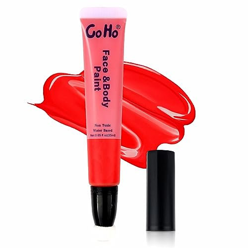 Go Ho Red Face Paint Cream Water Based Washable Foundation(0.85oz),Red Body Paint Wand with Cushion Applicator for Halloween Cosplay SFX Makeup