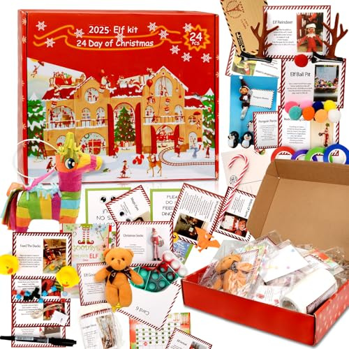 Elf Kit 24 Days of Christmas, 2023 Weihnachtself Kit Weihnachtself Props Adventskalender Cute Cartoon Funny Decorative Christmas Countdown Christmas Gifts Box for Kids Children (C)