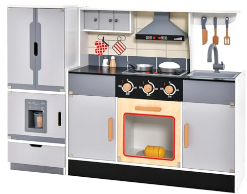 COSTWAY Cucina Giocattolo per Bambini, Cucina per Bambini in Legno con Frigorifero, Macchina del Ghiaccio, Forno, Microonde, Lavello e Rubinetto, Funzione Luci e Suoni, per Bambini 3+ Anni