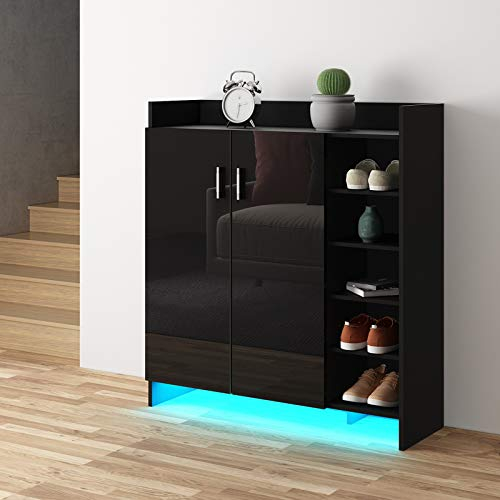 Schuhschrank Hochglanz 2 Türen Schrank Schuhaufbewahrung Organisator mit Verstellbaren 5 Offenen Regalen Schuhständer Regal Holz Sideboard Einheit w/LED Licht Schwarz