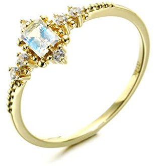 Lieson Ehering Damen, Hochzeit Ringe Gold 585 14K Vintage Rechteckig Mondstein mit Moissanit Partnerringe Gelbgold Gr. 60 (19.1)