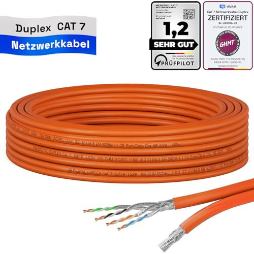 HB-DIGITAL 5m CAT 7 Netzwerkkabel LAN Kabel Verlegekabel Ethernet Installationskabel 10 Gbit/s AWG23 S/FTP - GHMT Zertifiziert - reines Kupfer LSZH BauPVO Klasse Cca Datenkabel Duplex - Orange