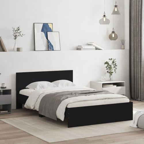vidaXL Bed Frame with Headboard - Engineered Wood Base - Modern Black - 120x190 cm - Plywood Slats Small Double Bed for Bedroom - Mattress Not Included