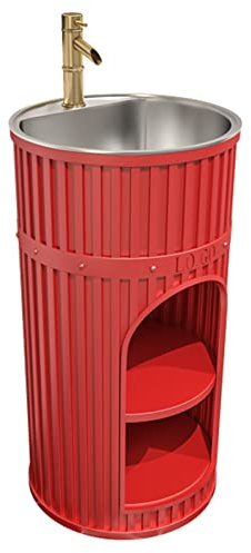 ZTGL Moderne sur Pied Meuble sous Lavabo, Style Industriel Meuble Vasque Salle de Bain, Lavabo Colonne Design Rétro en Fer Forgé avec Évier Robinet d'eau Chaude et Froide,Rouge