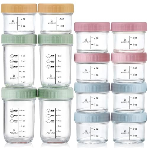 ACEPRUT 14 Stück Glas Babybrei Einfrieren Behälter, Beikost Baby Zubehör, Babynahrung Aufbewahrung, Auslaufsicher, BPA-frei, Mikrowelle, Geschirrspüler & Gefrierschrank sicher