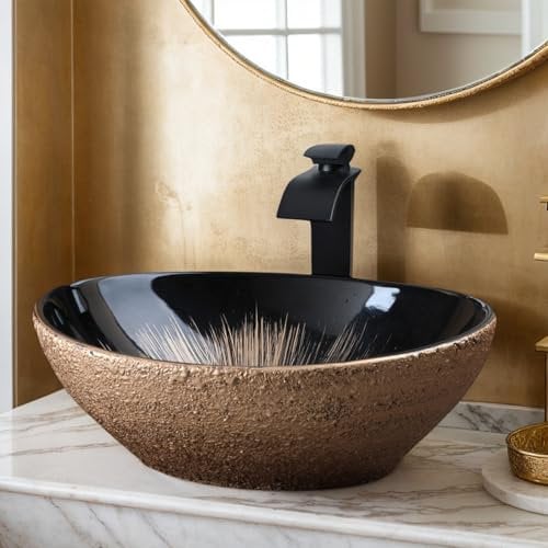 Sinku Mccut Ceramic Bathroom Vessel Sink Oval Batnroom Sink Above Counter Vessel Sinks for Bathrooms Vintage Gold Bowl Small Vessel Sink with Faucet and Drain Combo