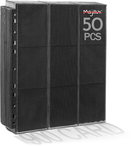 Majillux 900 Taschen Sammelkarten Hüllen für Pokemon - 50 Doppelseiten Schwarz - Karten Sammelmappe - Karten Sleeves - Seitliche Sicherheitsöffnung für Magic, Pokémon, YuGiOh