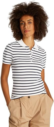 Tommy Hilfiger Polo Manches Courtes Femme 1985 Slim Pique Slim Fit, Multicolore (Breton Ecru/Dark Night Navy STP), L