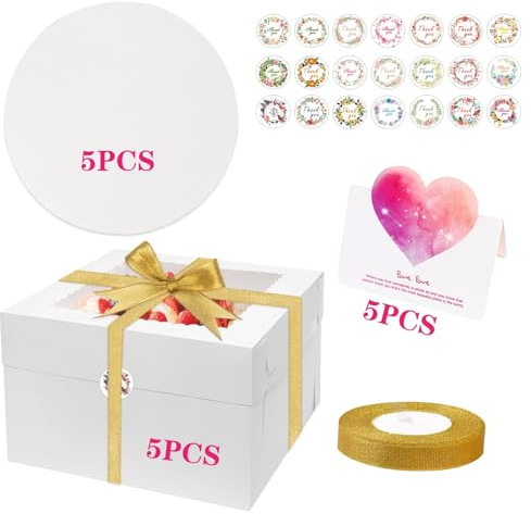 TOSUTO 5er Cake Box mit Unterlagen,10 * 10 * 8inch Tortenkartons Weiß mit Sichtfenster für Kuchen,Praktische Kuchenkartons | Die Kuchenbox aus stabiler Pappe als Kuchen Verpackung - 400 g/m² Karton