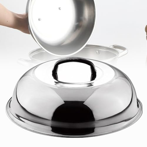 Multifunctional Stainless Steel Round Wok Lid with Handle, Teppanyaki Lid for Home Frying, Steaming, Outdoor Grilling (34cm)