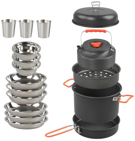 Aomiun Camping Cookware Kit, Aluminum Alloy Pot Pan Kettle Steaming stainless steel Tray Bowl Cup with Mesh Bag for Camping, Backpacking, Outdoor Cooking and Picnic 2-3 People
