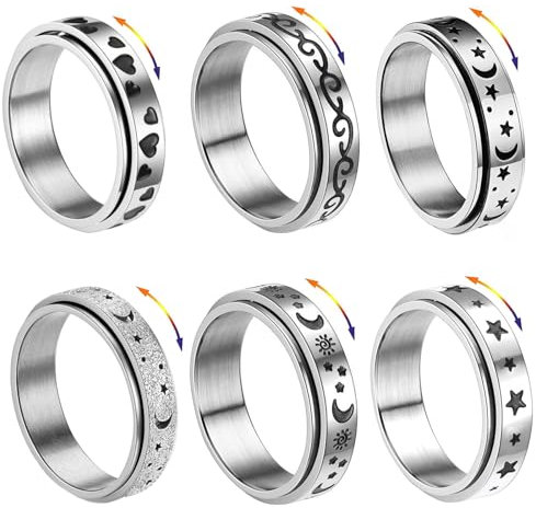 GoPaw 6 Stück Edelstahl Vintage Ringe Silber Ring Herren Damen Set Edelstahl Spinner Ringe für Damen Herren Blume Moon Star Spinner Angst Ringe Drehbarer Edelstahl Ring Partnerringe Trauringe (65)
